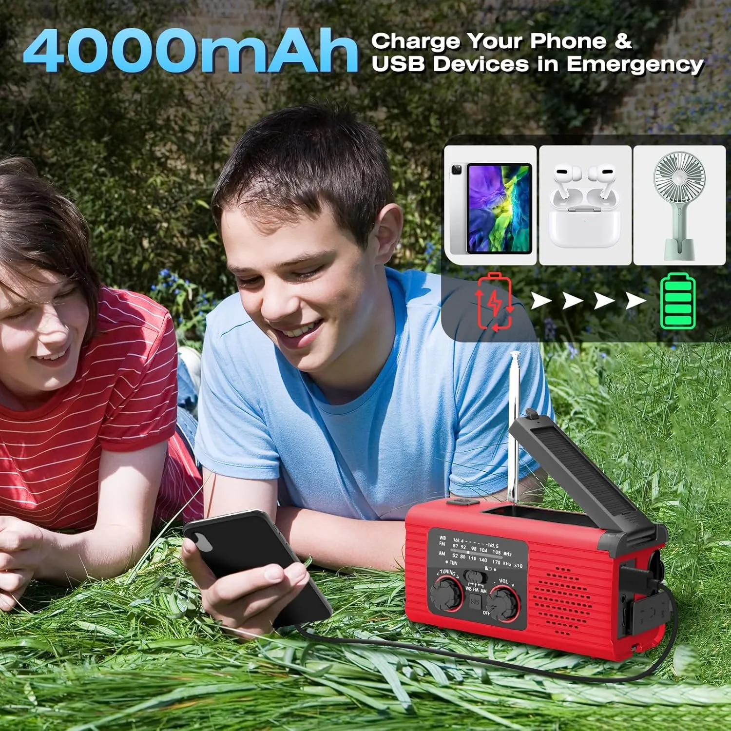 Emergency Weather Radio, 4000mAh NOAA Weather Alert Radio Solar Charging, Hand Crank & USB Charged, AM/FM with LED Flashlight, Reading Lamp, SOS Alarm, Headphone Jack for Outdoor Indoor
