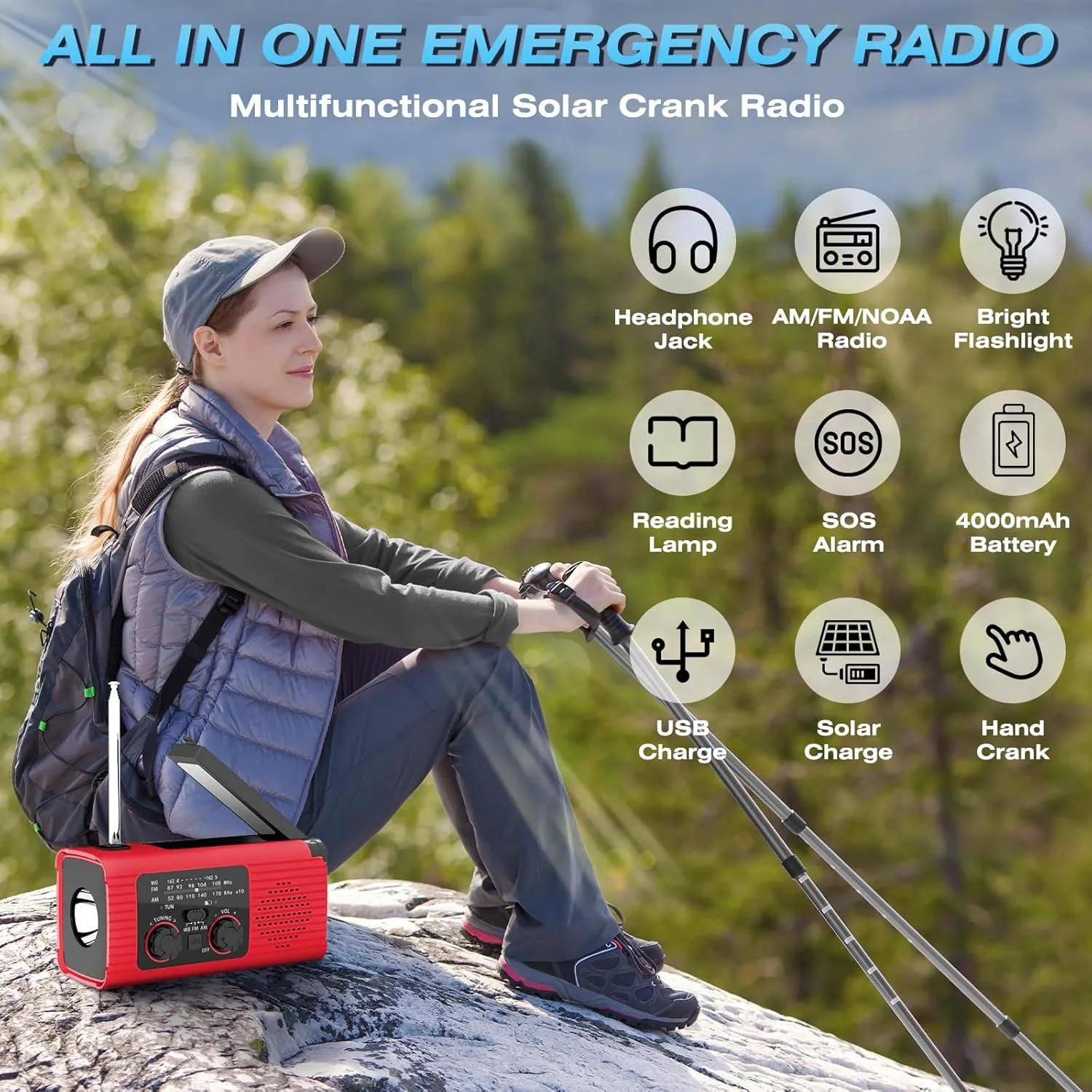 Emergency Weather Radio, 4000mAh NOAA Weather Alert Radio Solar Charging, Hand Crank & USB Charged, AM/FM with LED Flashlight, Reading Lamp, SOS Alarm, Headphone Jack for Outdoor Indoor
