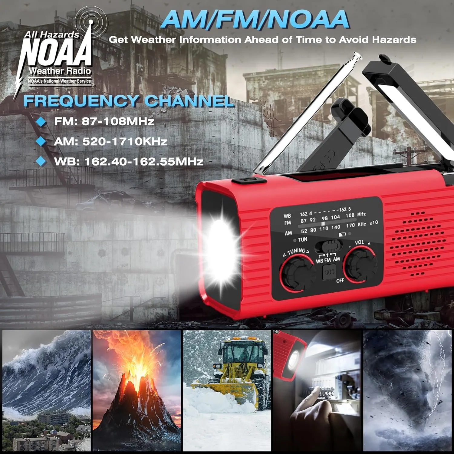 Emergency Weather Radio, 4000mAh NOAA Weather Alert Radio Solar Charging, Hand Crank & USB Charged, AM/FM with LED Flashlight, Reading Lamp, SOS Alarm, Headphone Jack for Outdoor Indoor