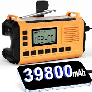 Emergency Weather Radio - AM/FM/NOAA Hand Crank Radio with 15W Fast Charge, 39800mAh Portable Solar Power Bank, Multi-Function Flashlight & SOS Alarm for Outdoor Indoor Emergencies (orange)