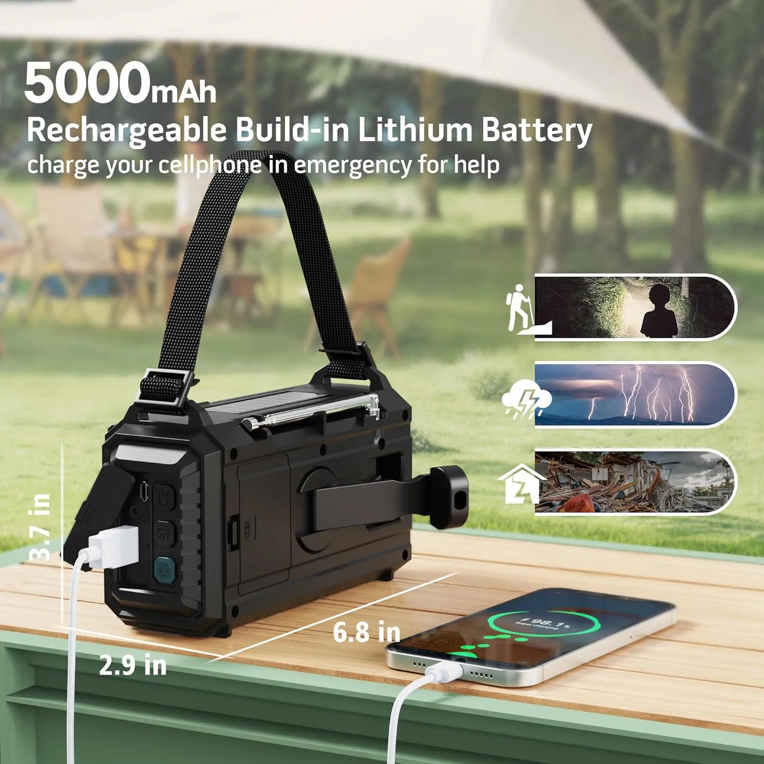 Emergency Weather Radio with AM/FM/NOAA/SW, 5 Ways Powered Solar Hand Crank Alert Radio with LCD Display&SOS, 5000 Portable Radio with Cellphone Charger, Flashlight, Reading Lamp, Headphone Jack