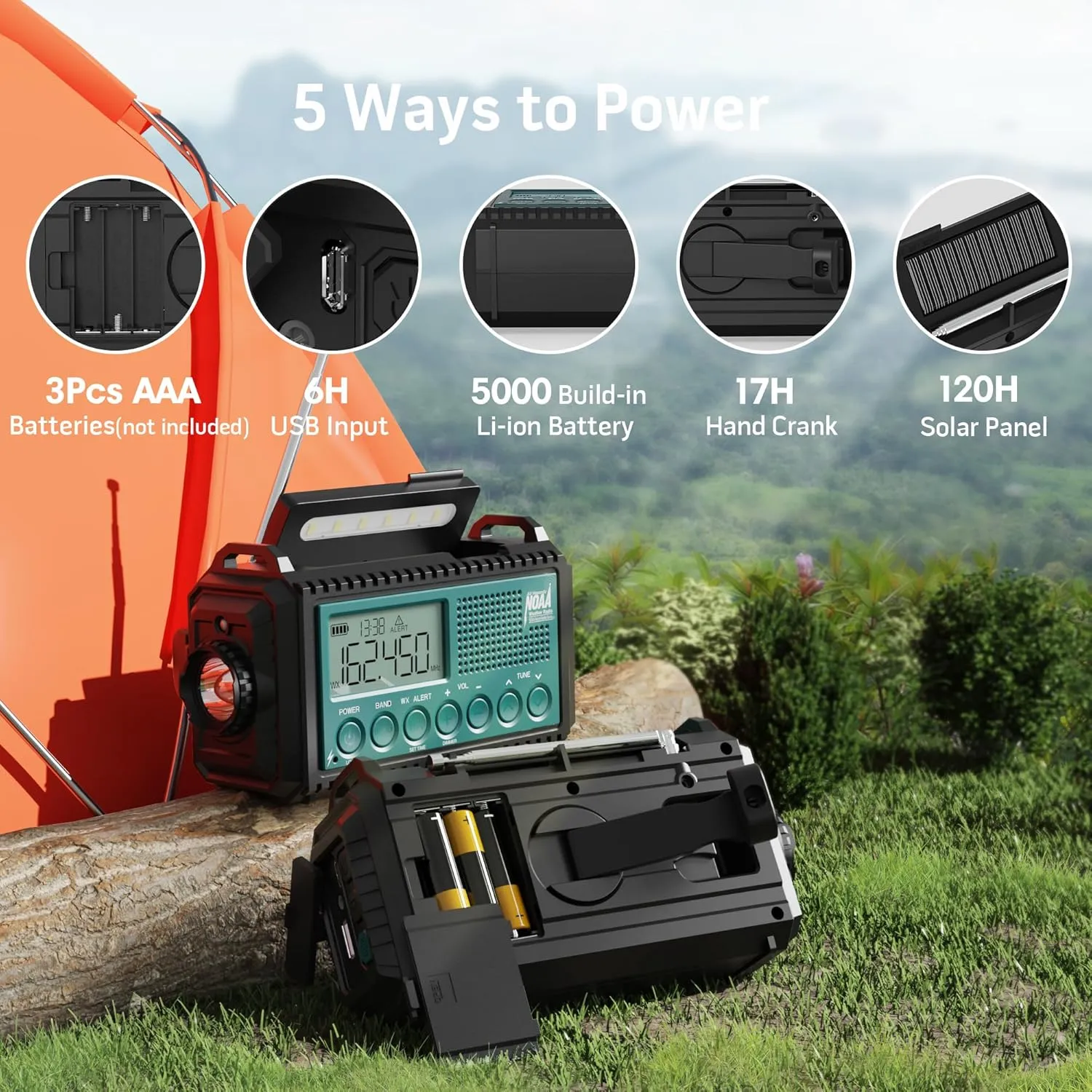Emergency Weather Radio with AM/FM/NOAA/SW, 5 Ways Powered Solar Hand Crank Alert Radio with LCD Display&SOS, 5000 Portable Radio with Cellphone Charger, Flashlight, Reading Lamp, Headphone Jack