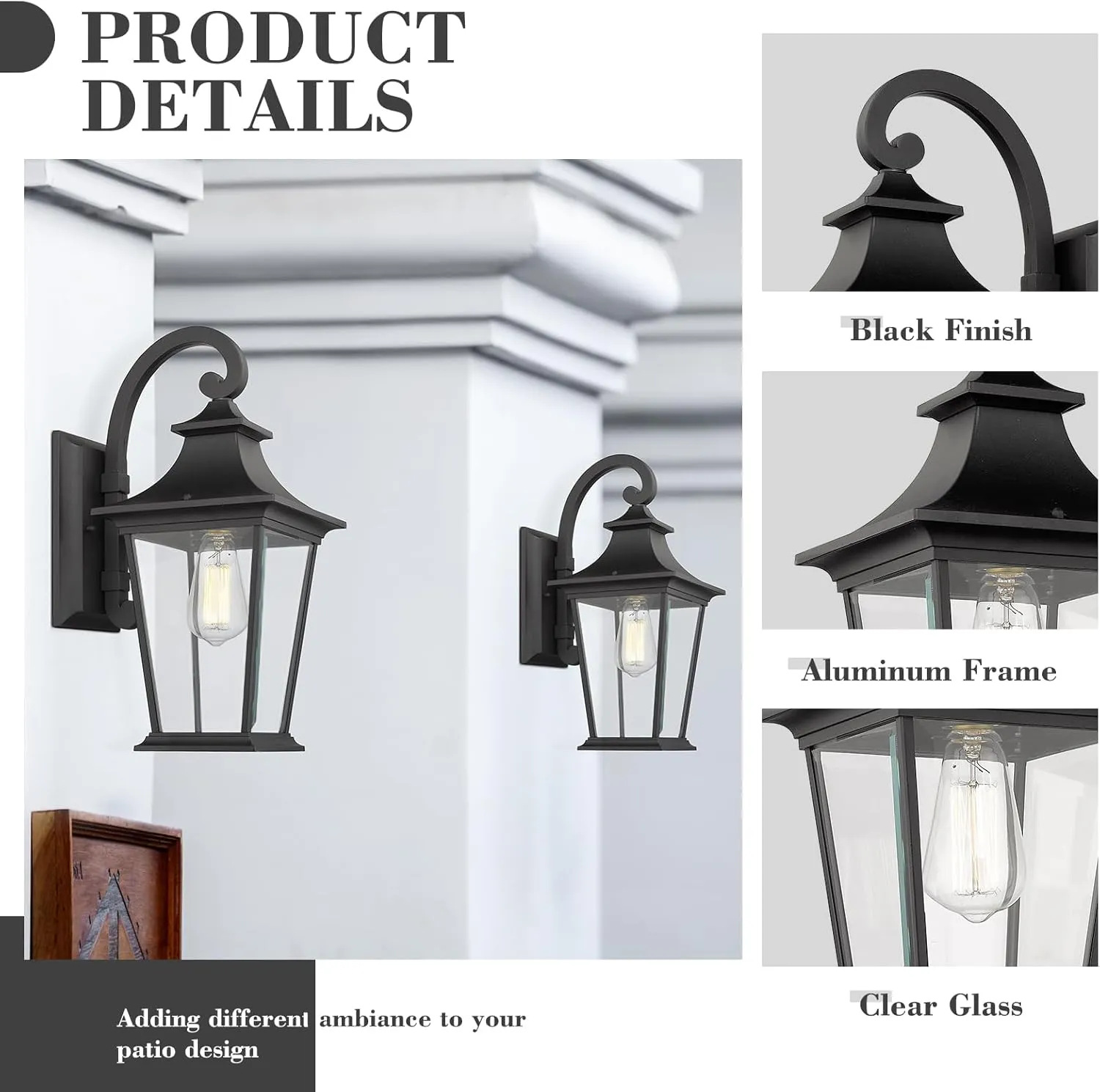 Emliviar Outdoor Wall Lantern, 1-Light Exterior Wall Mount Light with Clear Glass in Black Finish, 18" Height, 500181