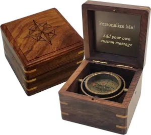 Engraved Compass Personalized in Wood Box | Antique Brass Desk Compass Gifts for Men, Him, Son, Grandson, Teen Boys for Graduation, Baptism, Confirmation, Leadership