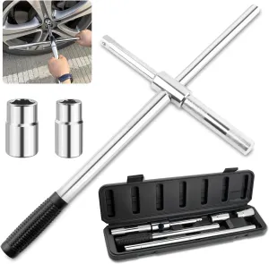 Extended Lug Nut Removal Tool Kit with 4 Way Lug Wrench,23" Telescopic Tire Iron Lug Wrench with 2 Standard Sockets(17,19,21,23mm) and Case,Portable Lug Nut Wrench for Most Vehicles