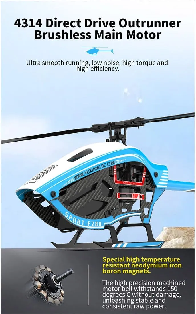 F280 RC Helicopter for Adults Beginners, 2.4G 6CH Brushless Direct Drive 3D/6G Stunt Helicopter Model