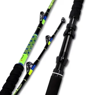 Fiblink Saltwater Fishing Rod 1 Piece/2 Piece Fishing Trolling Rod Deep Sea Big Game Blue/Neon Green Fishing Rod with Roller Guides (5'/6'6",50-80lbs/80-120lbs)