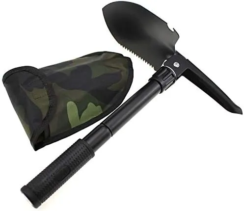 Finidel Folding Shovel, Lightweight with Compass, High Carbon Steel Camping Shovel Survival Shovel - Camping, Adventure, Garden, Emergency (Black) 3-in-1 Multifunction