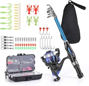 Fishing Rod Reel Combo Full Kit 1.5m Telescopic Fishing Rod Reel Set with Hooks Soft Lures Barrel Swivels Storage Bag