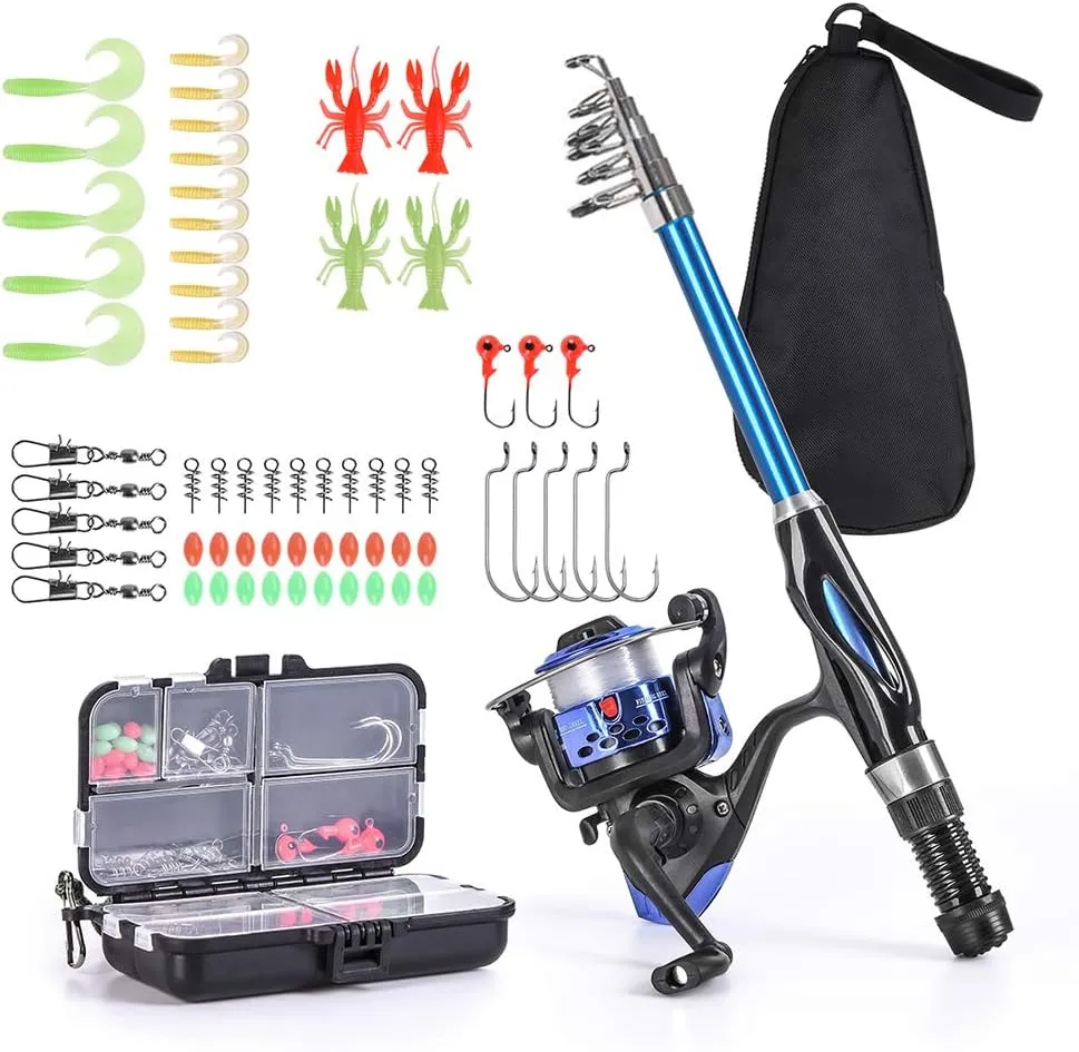Fishing Rod Reel Combo Full Kit 1.5m Telescopic Fishing Rod Reel Set with Hooks Soft Lures Barrel Swivels Storage Bag