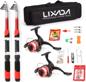 Fishing Rod Reel Combo Full Kit with 2PCS 2.1m Telescopic Fishing Rods 2PCS Reels Fishing Lures Hooks Accessories Fishing Bag