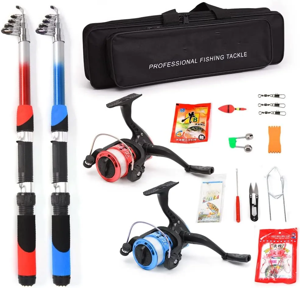 Fishing Rod Reel Combo Full Kit with 2PCS 2.1m Telescopic Fishing Rods 2PCS Spinning Reels Fishing Lures Hooks Accessories Fishing Bag