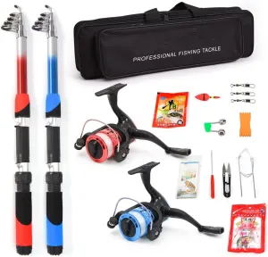 Fishing Rod Reel Combo Full Kit with 2PCS 2.1m Telescopic Fishing Rods 2PCS Spinning Reels Fishing Lures Hooks Accessories Fishing Bag
