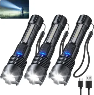Flashlight 3 Pack, Rechargeable Flashlights High Lumens, 7 Modes LED Flashlight with IP67 Waterproof, Adjustable Handheld Tactical Flashlight for Camping, Home Emergency, Outdoor