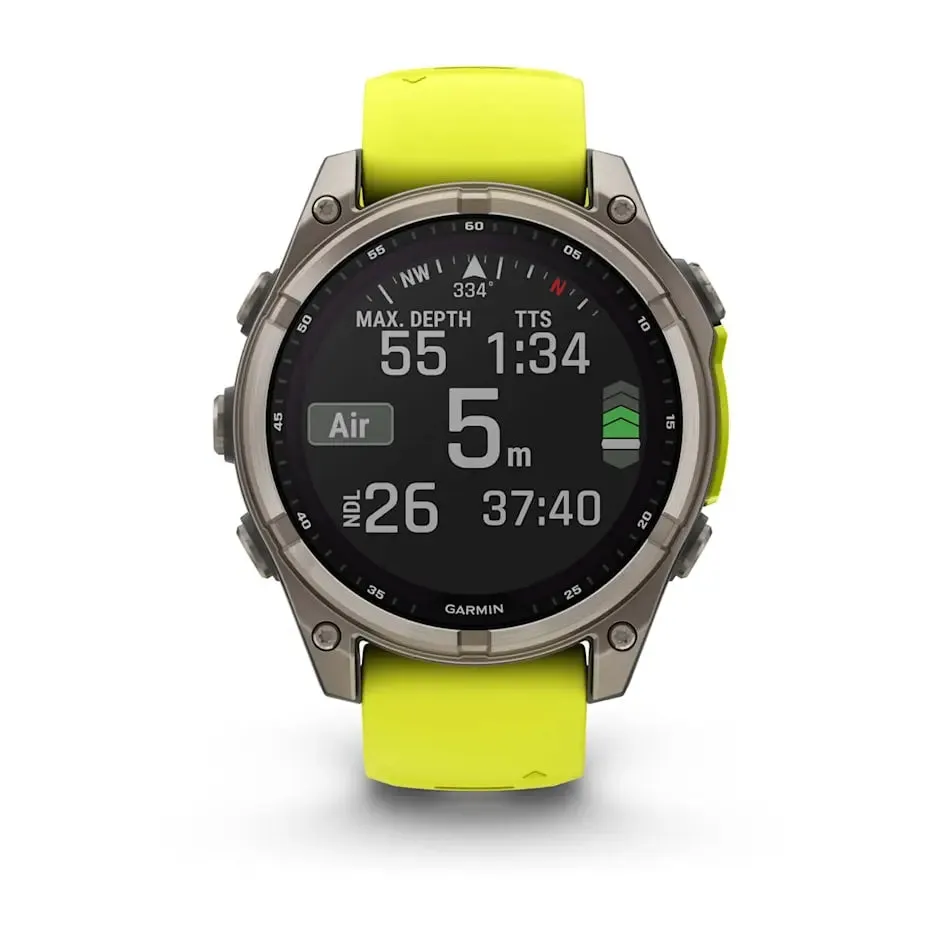 fēnix® 8 – 47 mm | Solar Sapphire Titanium with AMP Yellow/Graphite Silicone Band