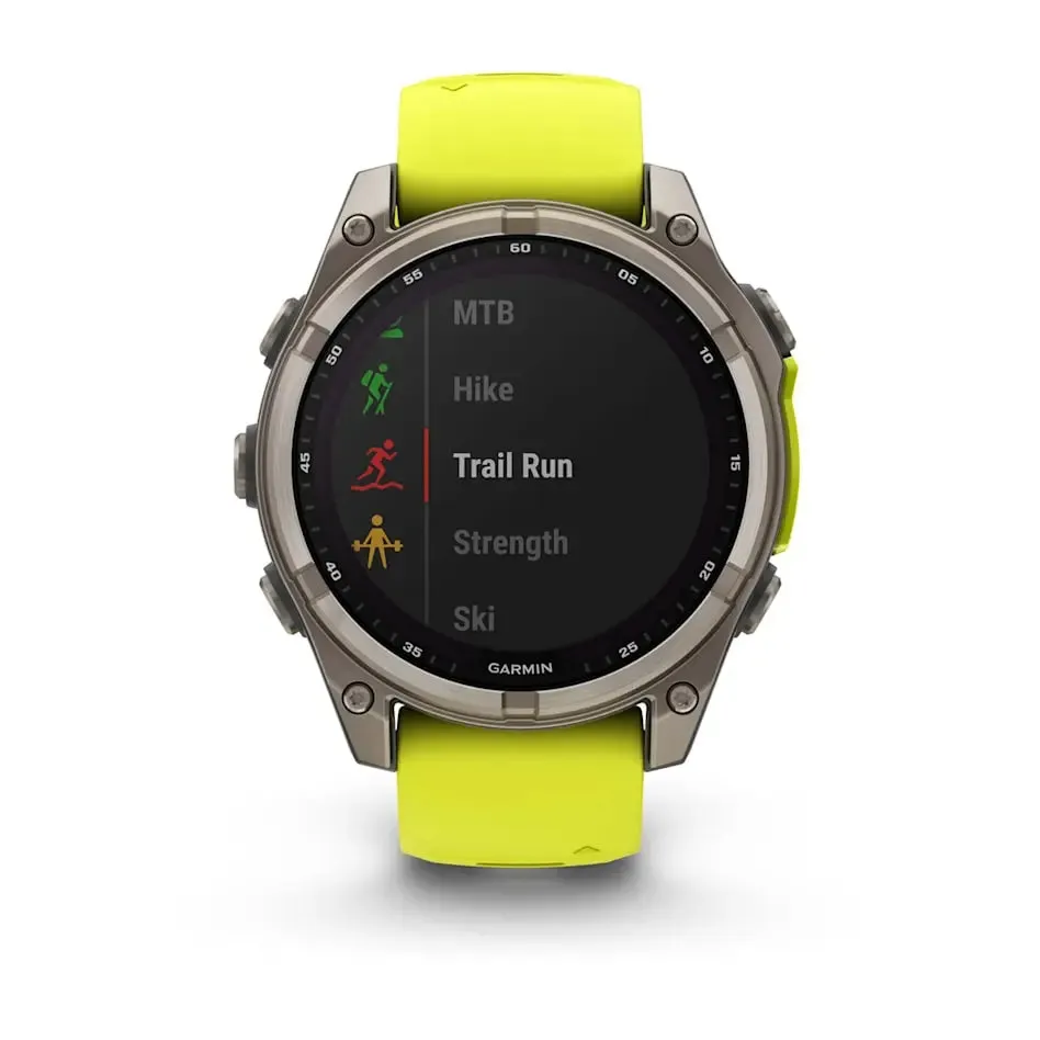 fēnix® 8 – 47 mm | Solar Sapphire Titanium with AMP Yellow/Graphite Silicone Band