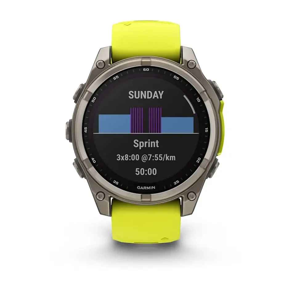 fēnix® 8 – 47 mm | Solar Sapphire Titanium with AMP Yellow/Graphite Silicone Band