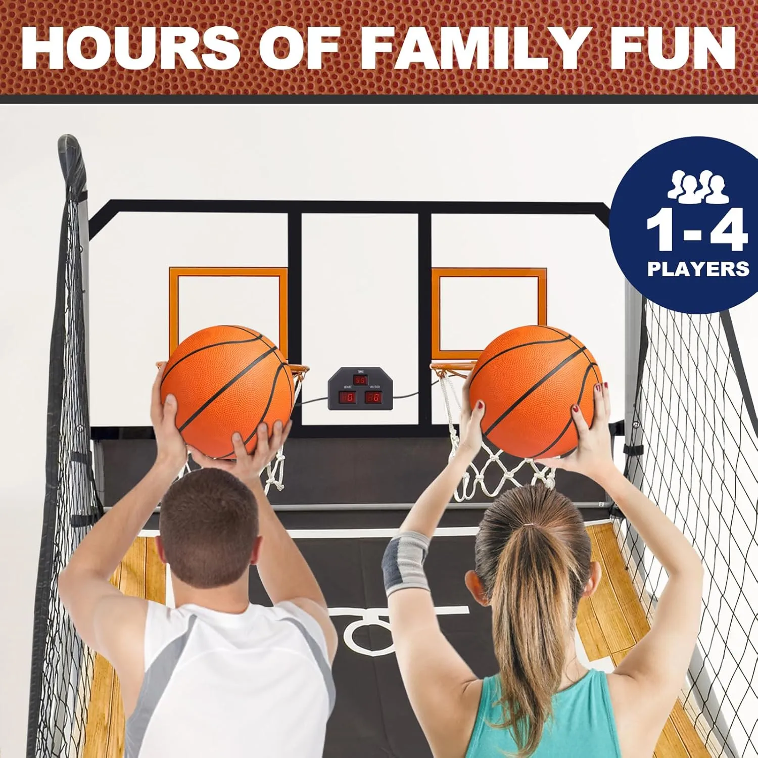 Folding Basketball Arcade Game, Dual Shot Electronic Arcade Game with LCD Scoreboard, 4 Balls, 2 Hoops and Air Pump, Basketball Game for Adults, Kids (Grey with Hydraulic Telescopic Rod)