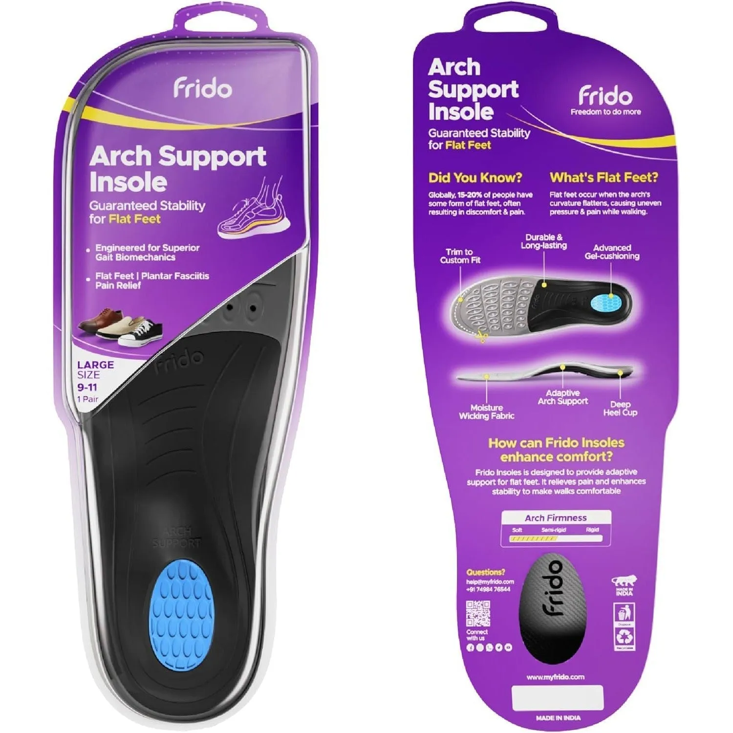 Frido Rigid Arch Support Shoe Insole for Flat Feet, For Feet Pain Plantar Fasciitis & Heel Spurs, Trimmable Orthotic Shoe Inserts For Proper Foot Alignment, Medium 39 to 42 EU (Pack of 1)