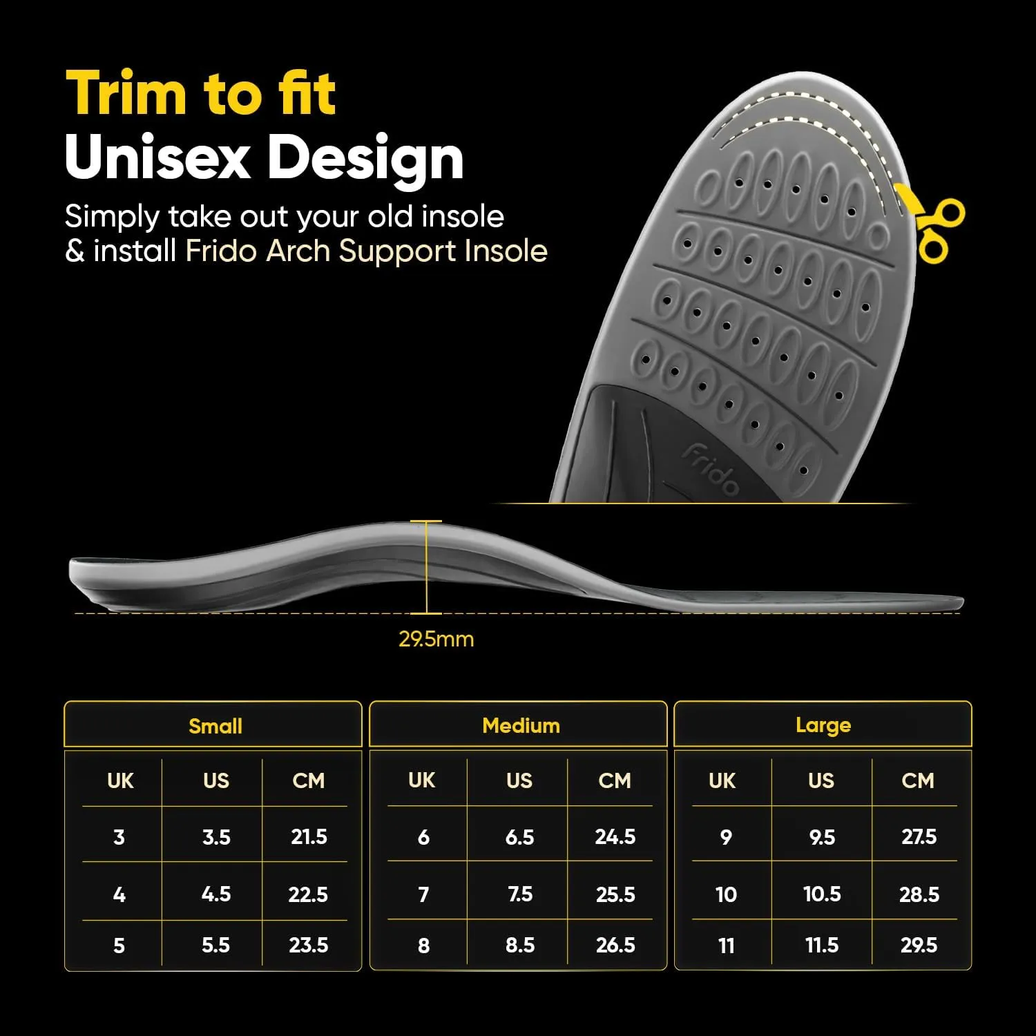 Frido Rigid Arch Support Shoe Insole for Flat Feet, For Feet Pain Plantar Fasciitis & Heel Spurs, Trimmable Orthotic Shoe Inserts For Proper Foot Alignment, Medium 39 to 42 EU (Pack of 1)