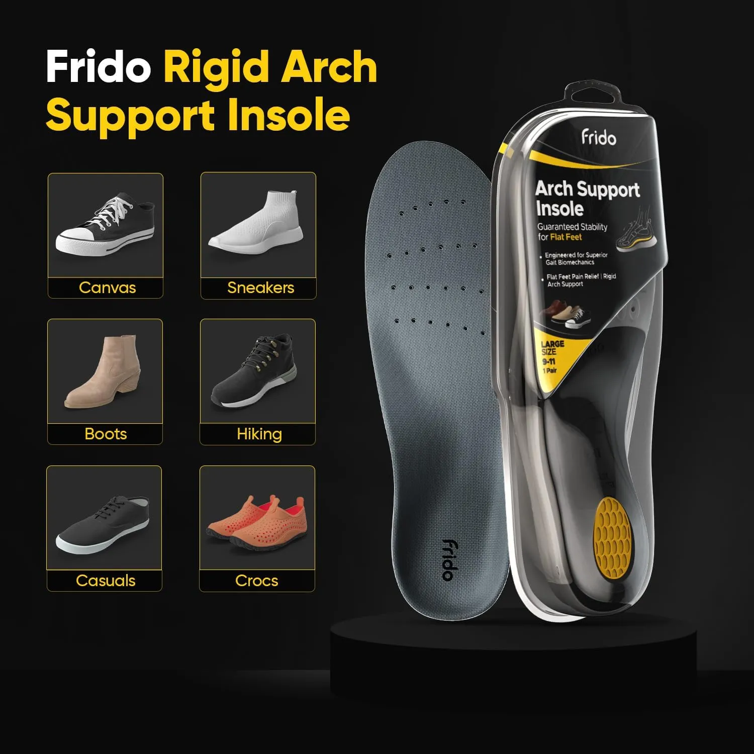 Frido Rigid Arch Support Shoe Insole for Flat Feet, For Feet Pain Plantar Fasciitis & Heel Spurs, Trimmable Orthotic Shoe Inserts For Proper Foot Alignment, Medium 39 to 42 EU (Pack of 1)