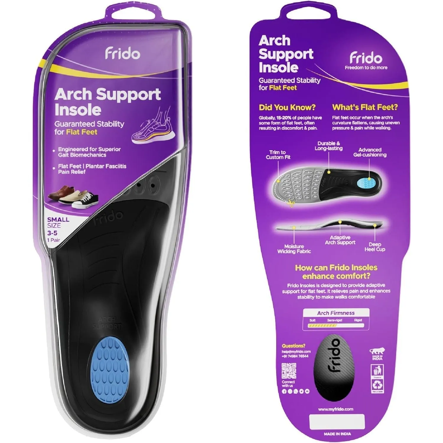 Frido Rigid Arch Support Shoe Insole for Flat Feet, For Feet Pain Plantar Fasciitis & Heel Spurs, Trimmable Orthotic Shoe Inserts For Proper Foot Alignment, Medium 39 to 42 EU (Pack of 1)