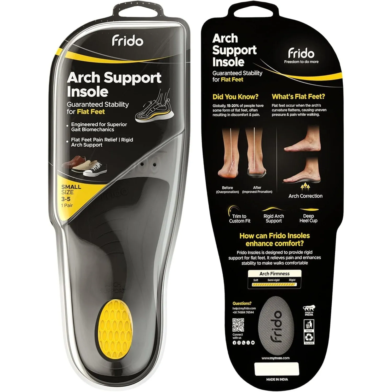 Frido Rigid Arch Support Shoe Insole for Flat Feet, For Feet Pain Plantar Fasciitis & Heel Spurs, Trimmable Orthotic Shoe Inserts For Proper Foot Alignment, Medium 39 to 42 EU (Pack of 1)