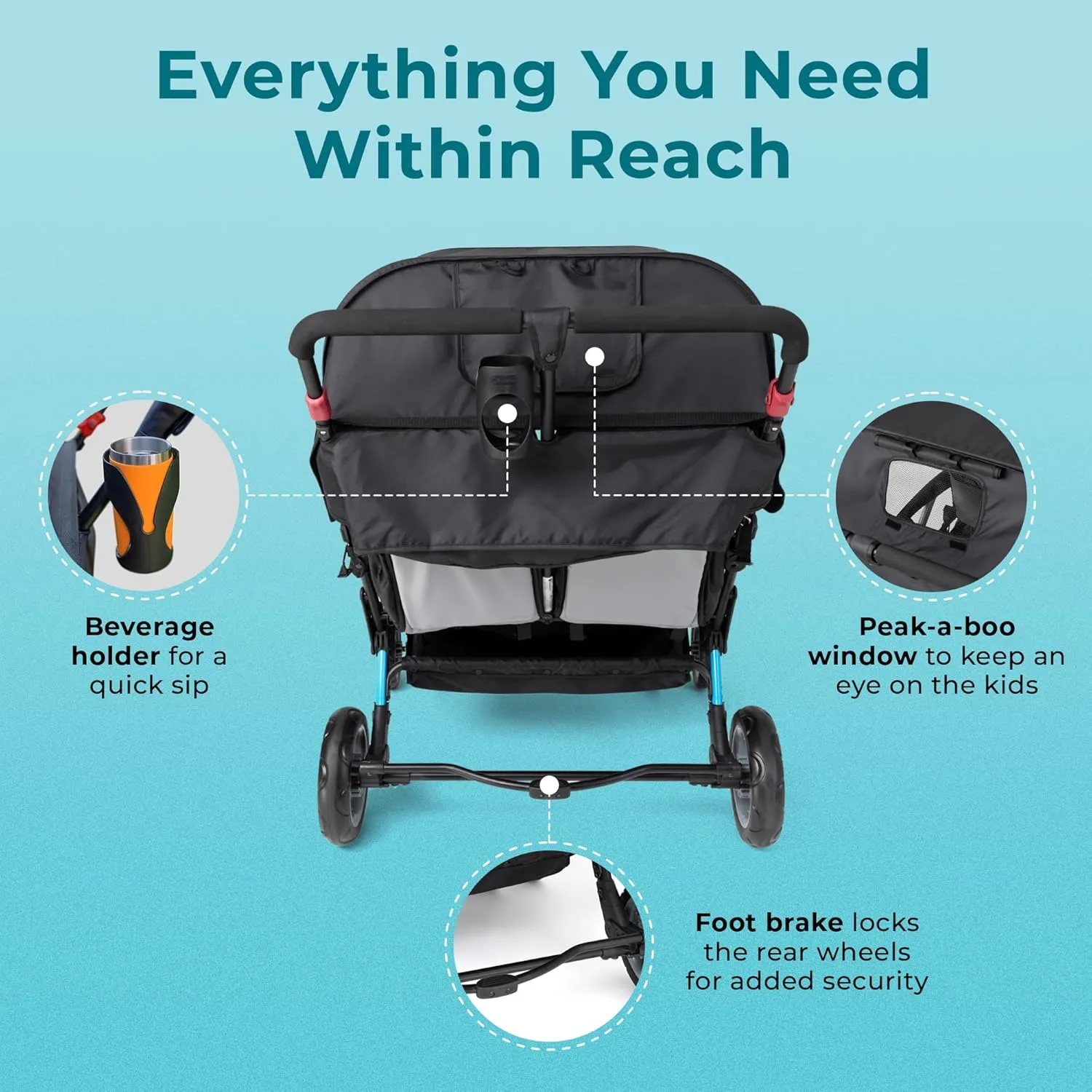 Gaggle by Foundations Compass Quad 4 Seat Stroller | 4-Seat Stroller for Daycare | Oversized UV Blocking Canopy | 5-Point Harness | Easy Loading | Storage Bucket | Teal