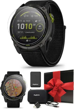 Garmin Enduro 3 Ultraperformance GPS Smartwatch Gift Box Bundle - Solar Charging, Built-in LED Flashlight with UltraFit Nylon Band, PlayBetter Portable Charger, HD Screen Protectors, Adapter, Case
