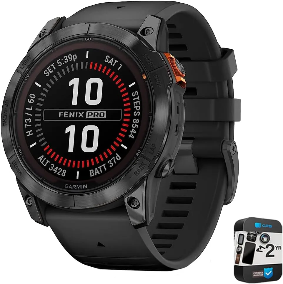 Garmin Fenix 7X Pro Solar, Glass, Slate Gray Steel, Black Bundle with 2 Year Enhanced Protection Pack