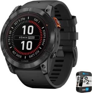 Garmin Fenix 7X Pro Solar, Glass, Slate Gray Steel, Black Bundle with 2 Year Enhanced Protection Pack