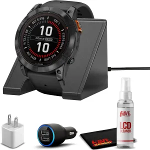 Garmin Fenix 7X Pro Solar, Glass, Slate Gray Steel, Black High Performance Smartwatch, Advanced Training Technology with Charging Stand, Car & Wall Adapters and Cleaning Kit