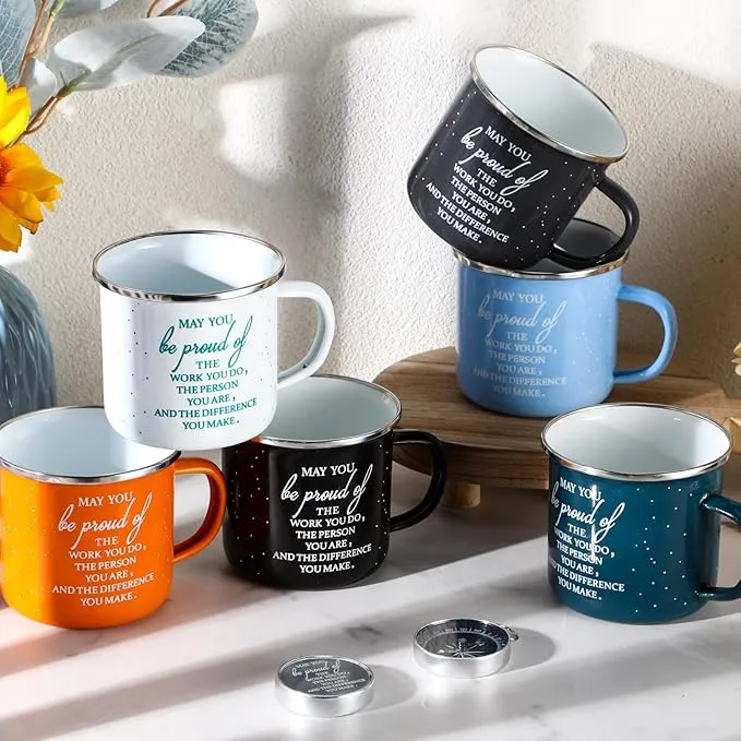 Gejoy 6 Set Thank You Gifts Gifts Camping Bulk Compass with 12 oz Enamel Coffee Mugs Appreciation Gifts Inspirational Quote Boating Hiking for Coworkers Students