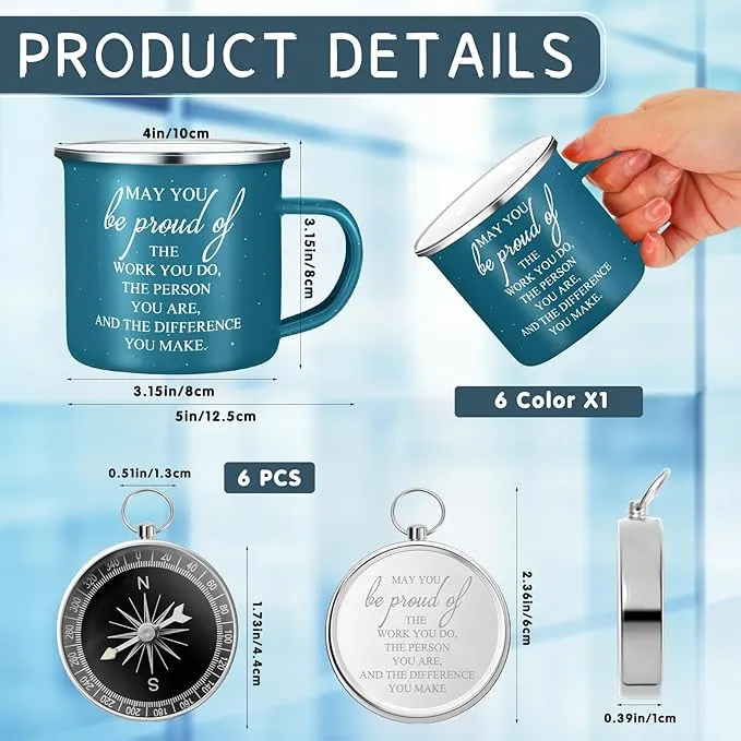 Gejoy 6 Set Thank You Gifts Gifts Camping Bulk Compass with 12 oz Enamel Coffee Mugs Appreciation Gifts Inspirational Quote Boating Hiking for Coworkers Students