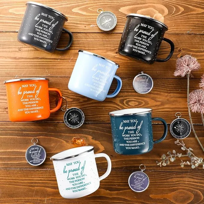 Gejoy 6 Set Thank You Gifts Gifts Camping Bulk Compass with 12 oz Enamel Coffee Mugs Appreciation Gifts Inspirational Quote Boating Hiking for Coworkers Students