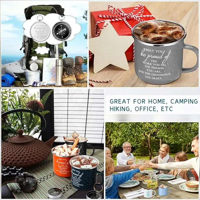 Gejoy 6 Set Thank You Gifts Gifts Camping Bulk Compass with 12 oz Enamel Coffee Mugs Appreciation Gifts Inspirational Quote Boating Hiking for Coworkers Students