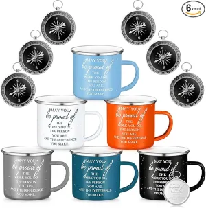 Gejoy 6 Set Thank You Gifts Gifts Camping Bulk Compass with 12 oz Enamel Coffee Mugs Appreciation Gifts Inspirational Quote Boating Hiking for Coworkers Students