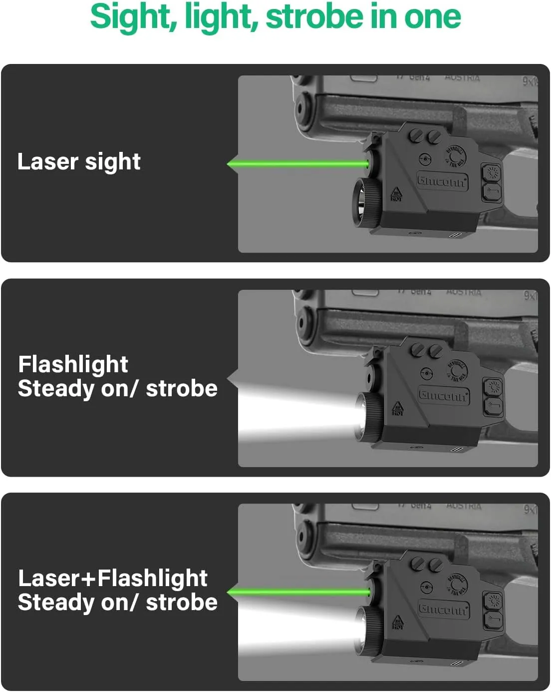 Gmconn 800 Lumens Tactical Flashlight Green Red Blue Laser Light Combo, Pistol Light with Beam Compatible with Picatinny Rail (Green Laser)