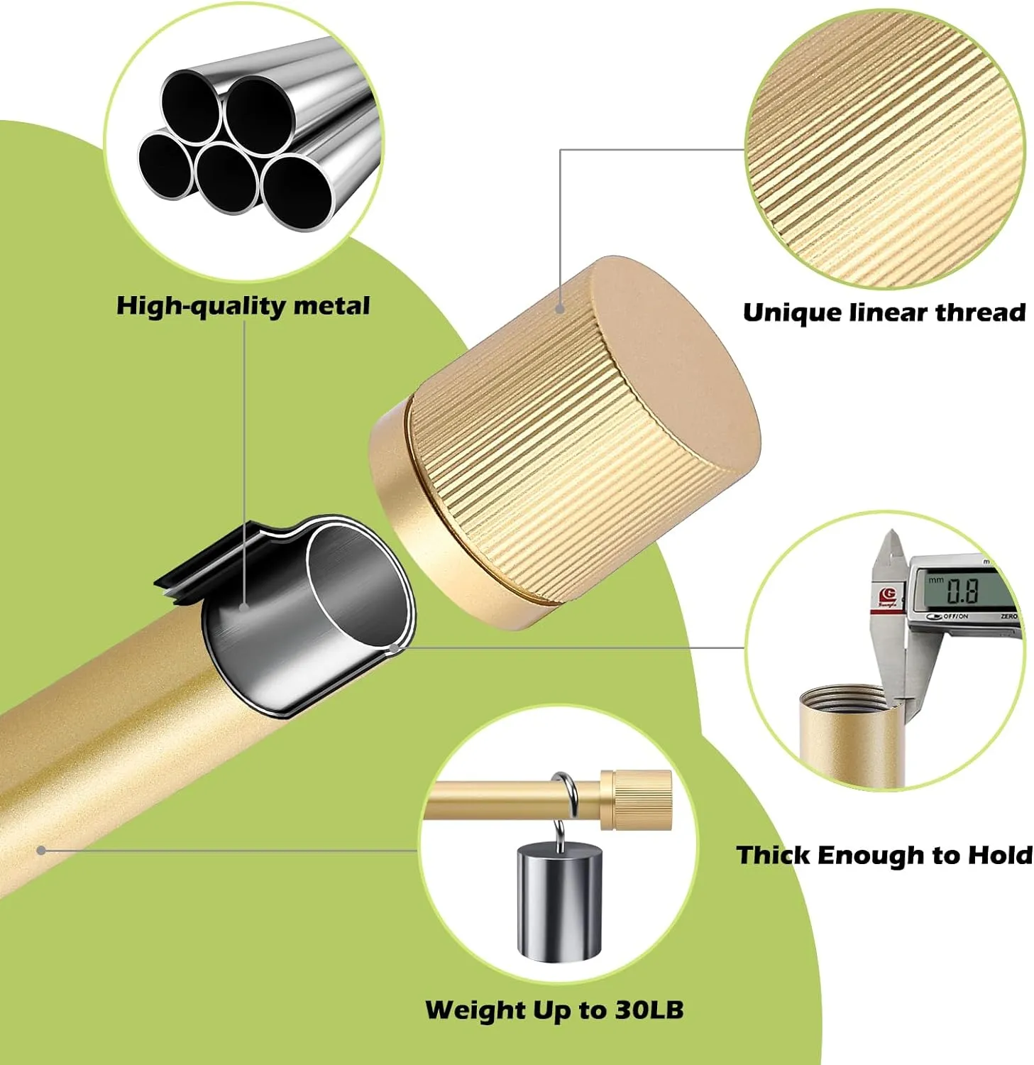 Gold Curtain Rods for Windows 72 to 144 Inch:Modern Decorative Curtain Rod for Bedroom Living Room,Heavy Duty Adjustable Telescoping Single Drapery Rod Set Easy Install,Brass Gold Iron 72-144"