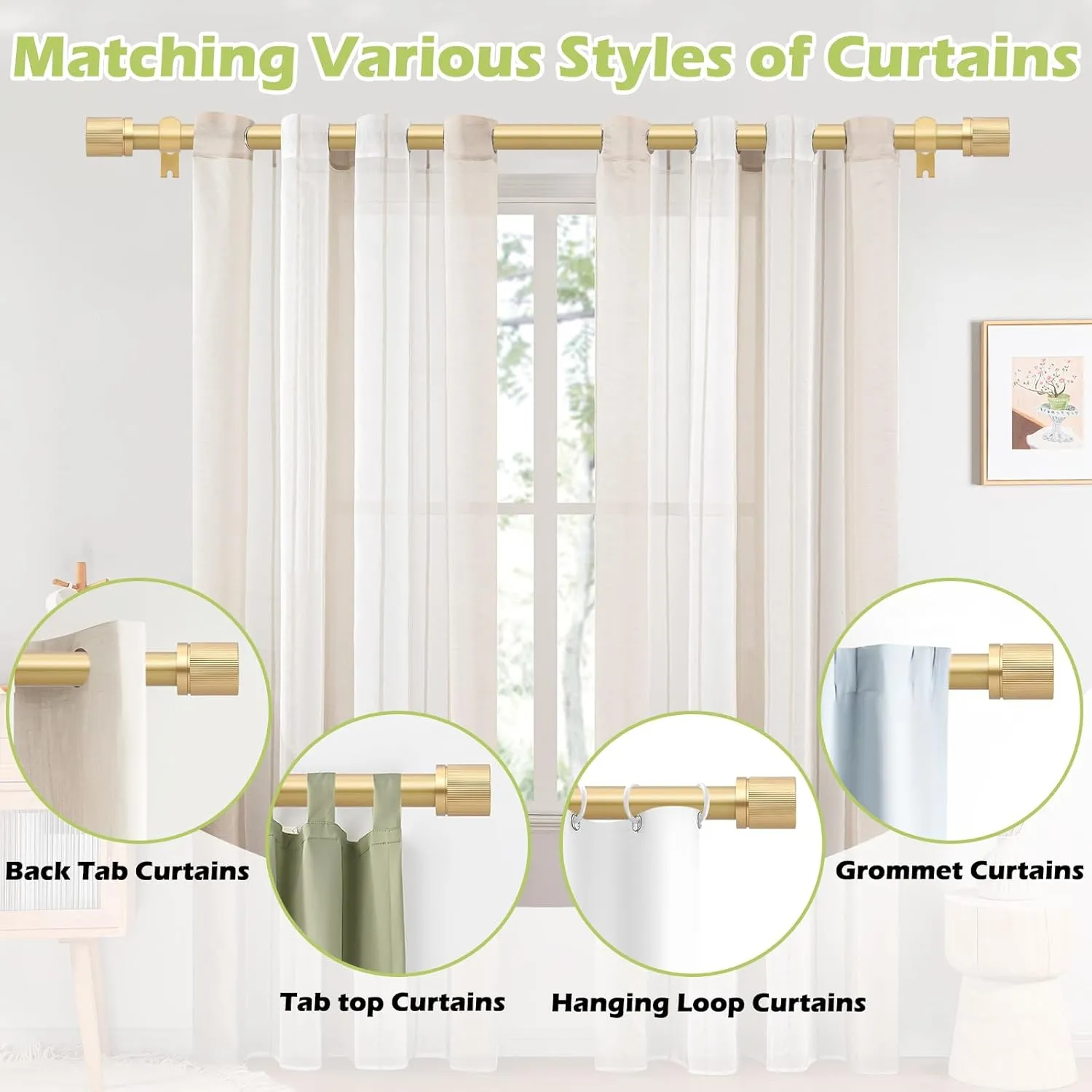 Gold Curtain Rods for Windows 72 to 144 Inch:Modern Decorative Curtain Rod for Bedroom Living Room,Heavy Duty Adjustable Telescoping Single Drapery Rod Set Easy Install,Brass Gold Iron 72-144"