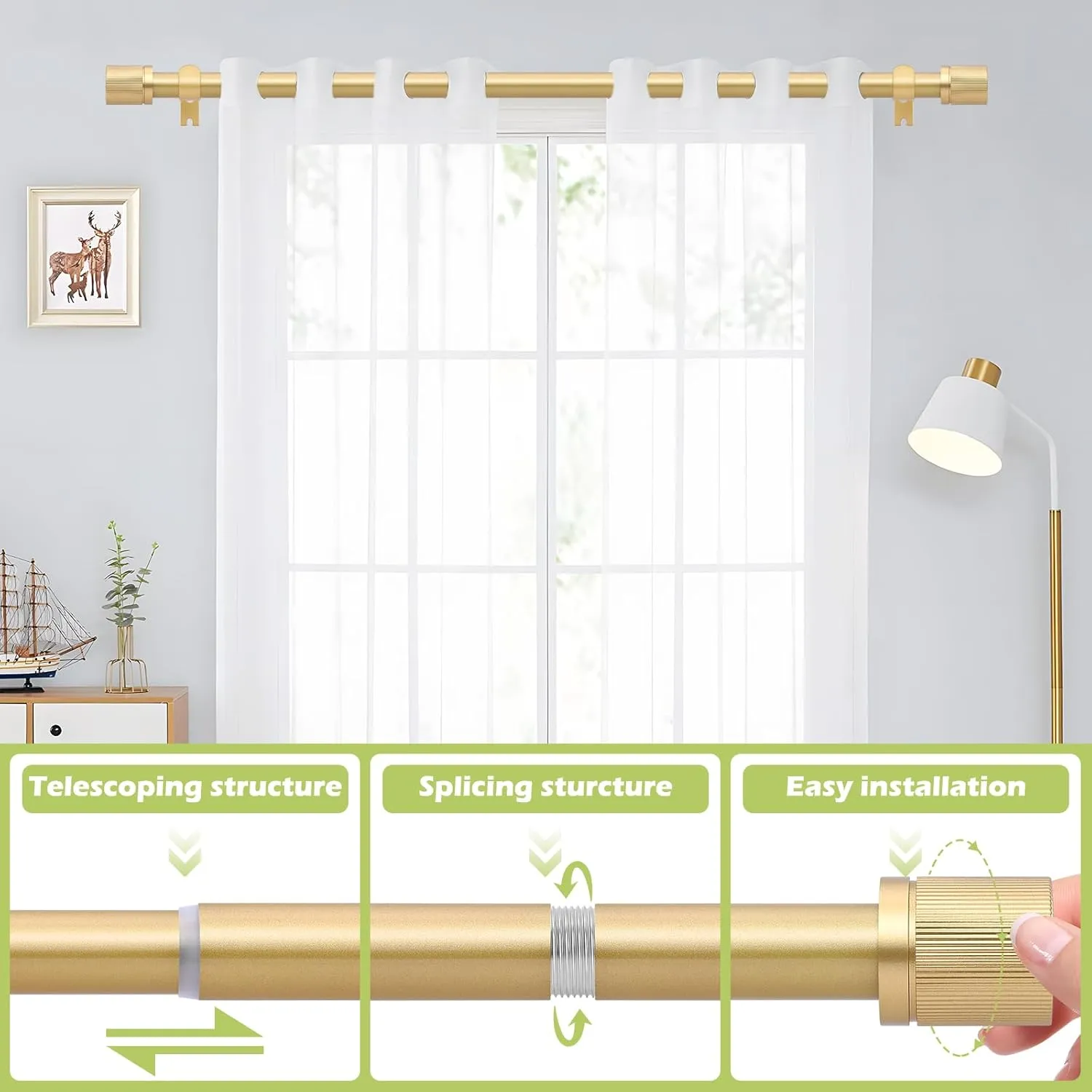 Gold Curtain Rods for Windows 72 to 144 Inch:Modern Decorative Curtain Rod for Bedroom Living Room,Heavy Duty Adjustable Telescoping Single Drapery Rod Set Easy Install,Brass Gold Iron 72-144"