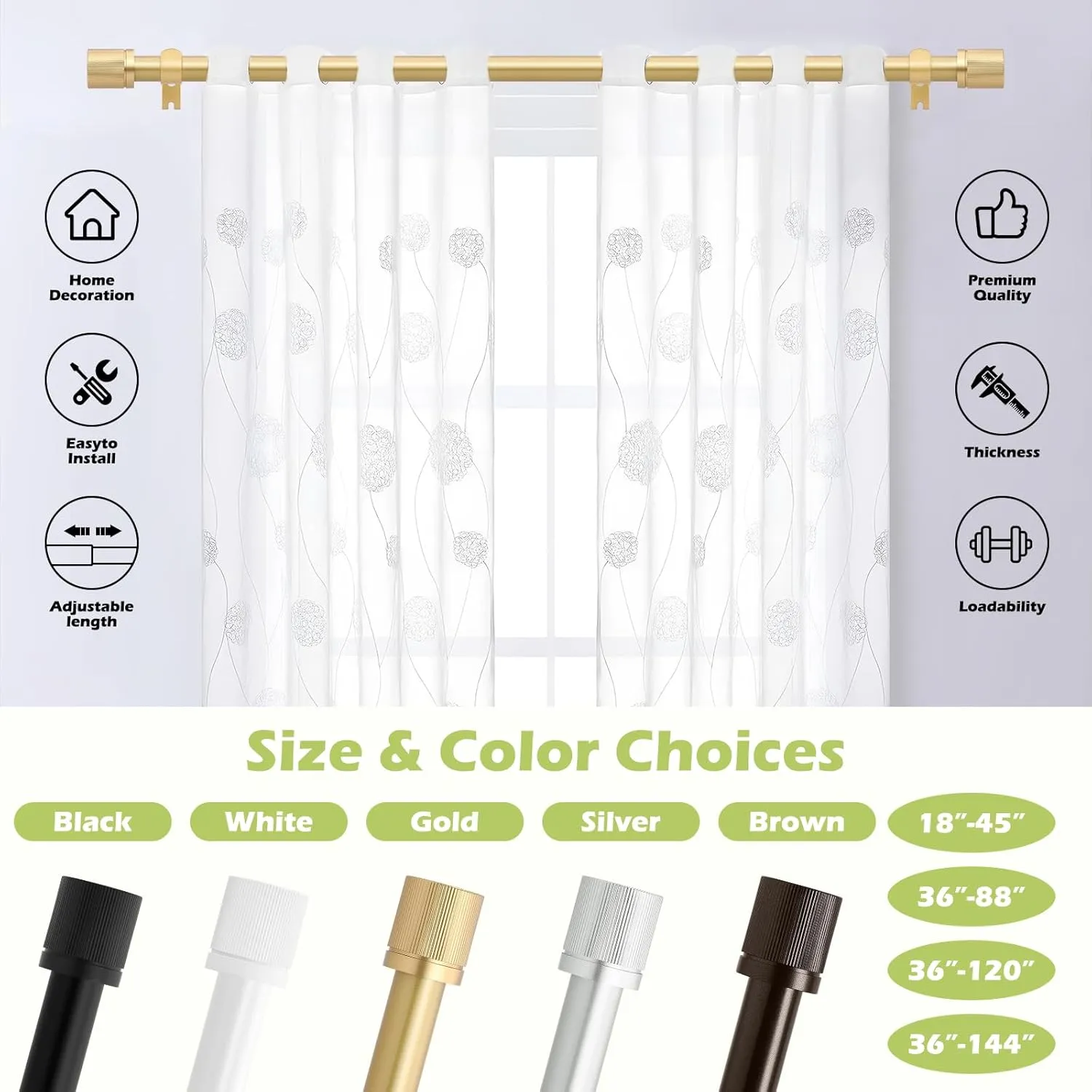 Gold Curtain Rods for Windows 72 to 144 Inch:Modern Decorative Curtain Rod for Bedroom Living Room,Heavy Duty Adjustable Telescoping Single Drapery Rod Set Easy Install,Brass Gold Iron 72-144"