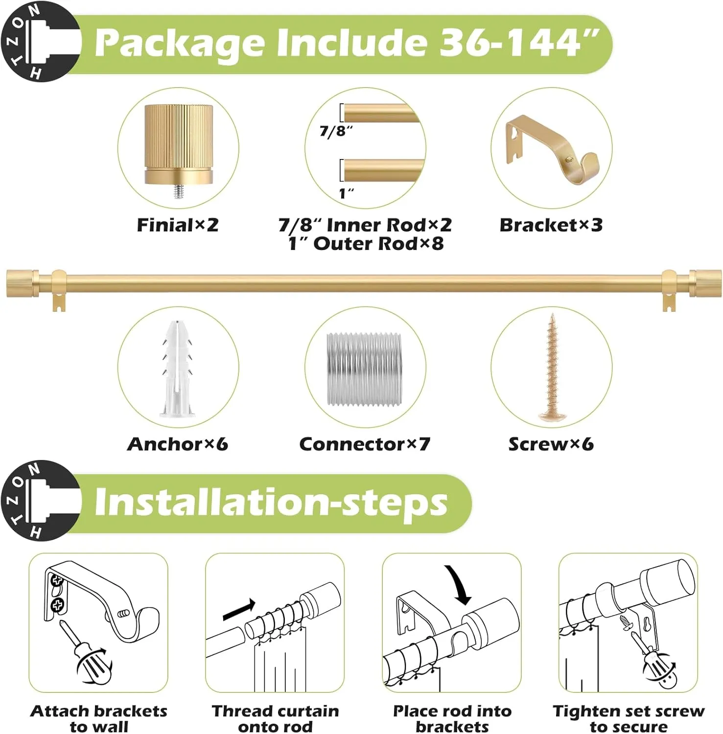 Gold Curtain Rods for Windows 72 to 144 Inch:Modern Decorative Curtain Rod for Bedroom Living Room,Heavy Duty Adjustable Telescoping Single Drapery Rod Set Easy Install,Brass Gold Iron 72-144"