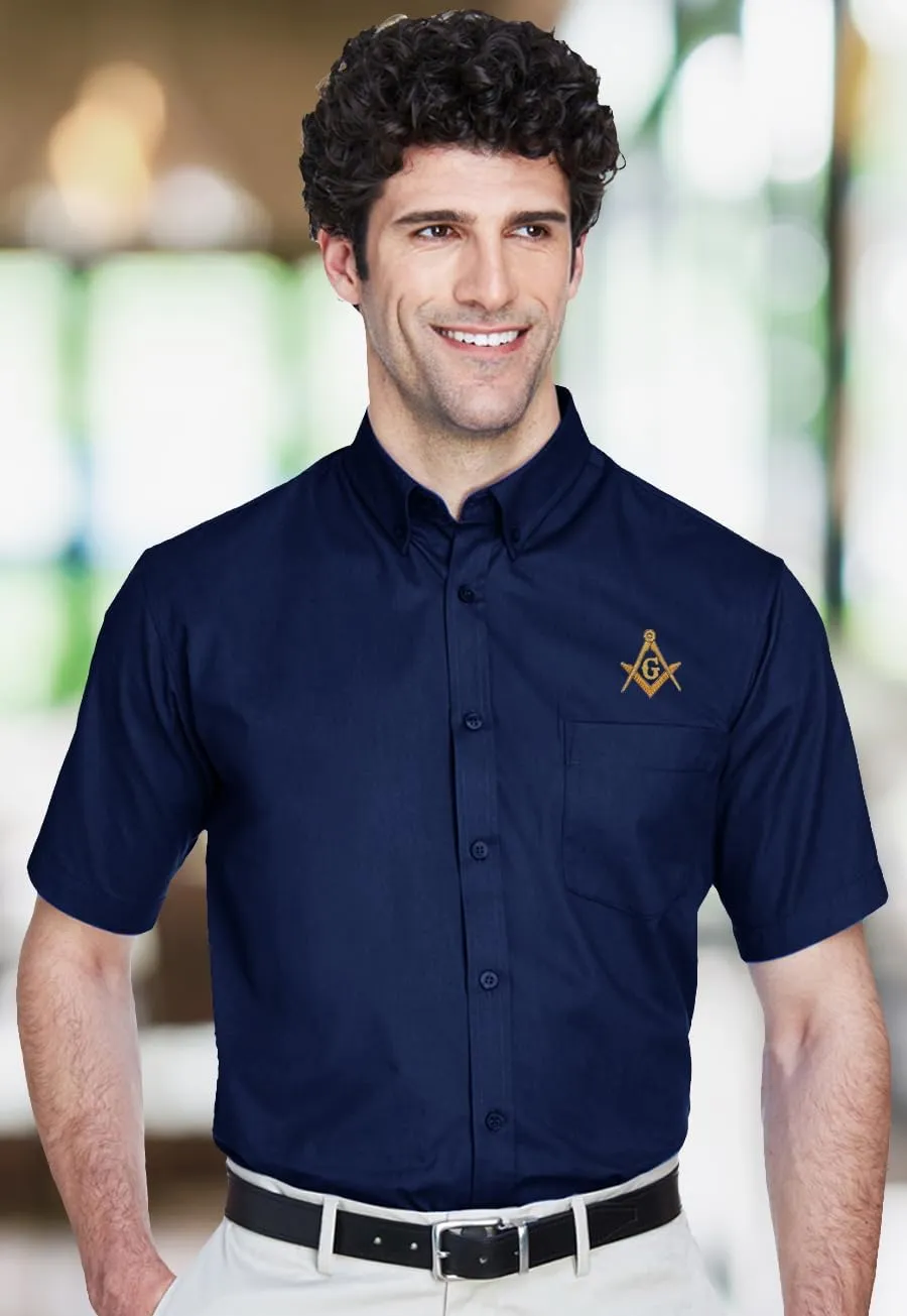 Gold Square & Compass Embroidered Masonic Men's Poplin Button Down Short Sleeve Dress Shirt