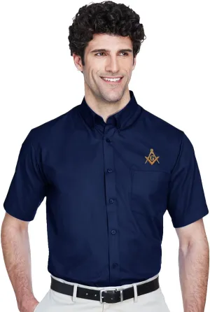 Gold Square & Compass Embroidered Masonic Men's Poplin Button Down Short Sleeve Dress Shirt