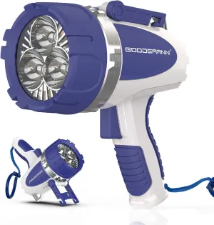 GOODSMANN Rechargeable Handheld Spotlight LED Boat Waterproof Spot Light Searchlight 3000 Lumen Portable Marine Flashlight with USB Adapter Car Charger Dust Bag for Hunting Camping Exploring