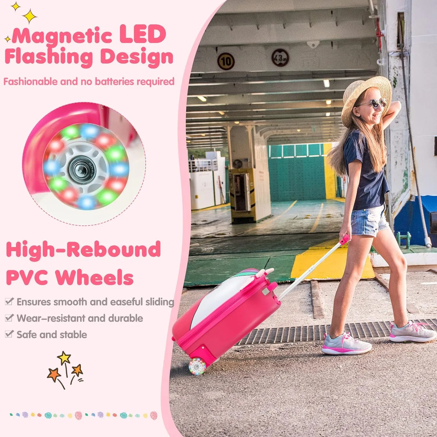 Goplus Kids Luggage, 16’’ Carry on Suitcase with LED Wheels, Waterproof Hard Shell, Lightweight Rolling Luggage for Travel, Birthday Christmas Gifts for Toddlers, Children, Boys, Girls (Pink)