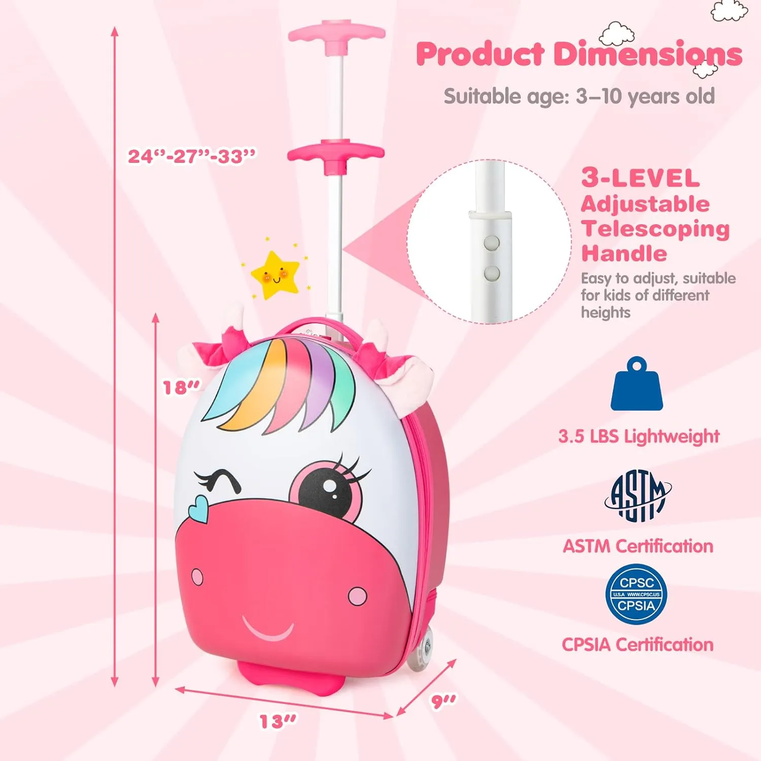 Goplus Kids Luggage, 16’’ Carry on Suitcase with LED Wheels, Waterproof Hard Shell, Lightweight Rolling Luggage for Travel, Birthday Christmas Gifts for Toddlers, Children, Boys, Girls (Pink)
