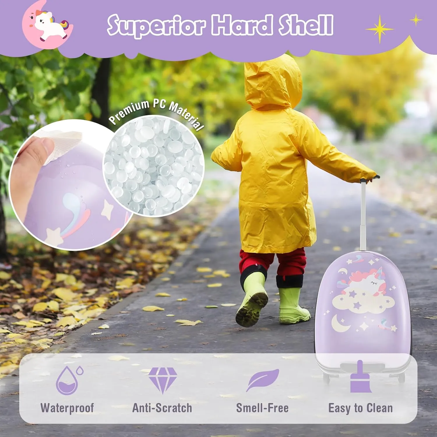 Goplus Kids Luggage, 16’’ Carry On Suitcase with Wheels, Waterproof Hard Shell, Lightweight Rolling Luggage for Travel, Birthday Christmas Gifts for Toddlers, Children, Boys, Girls (Purple-Unicorn)