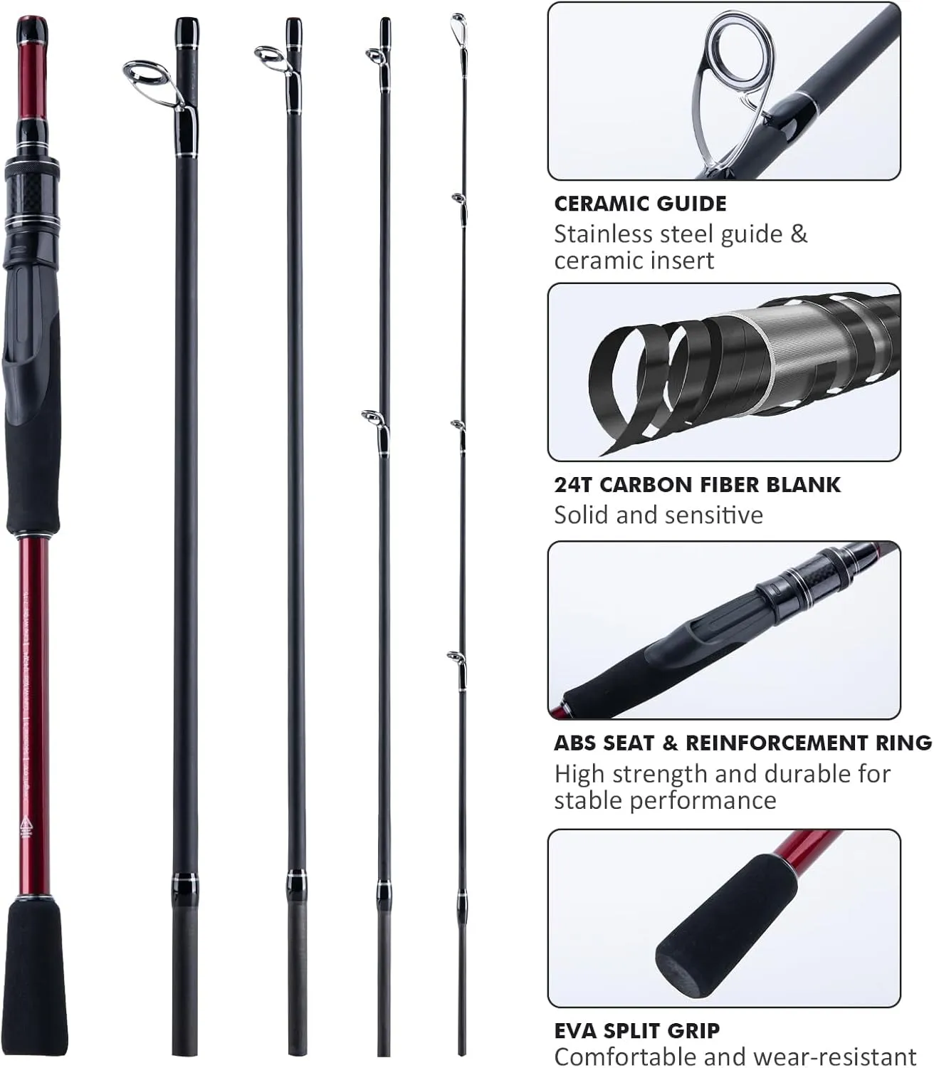 Goture Travel Fishing Rod - Spinning Fishing Rods - Portable 5/6 Sections Adjustable-Length Lightweight 24T Carbon Fiber Fishing Rods for Saltwater Freshwater Trout Bass Walleye Pike, Red